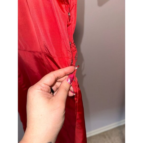 Vtg 40s Red Acetate Tafetta Dress Puff Sleeves Side Snaps Midi Length Womens - Picture 3 of 5